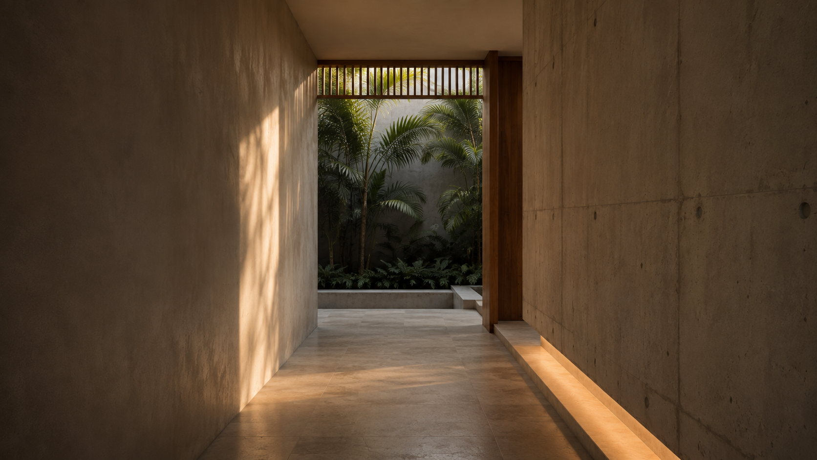 Quiet architectural passage opening toward a planted courtyard